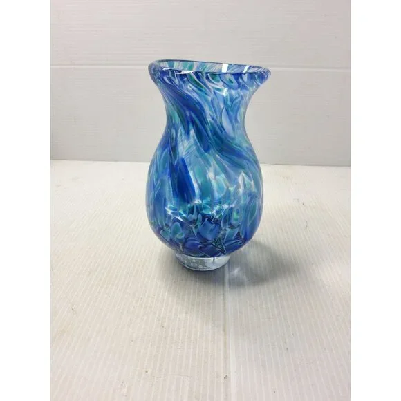 Vintage Hand Blown Blue,Teal Swirl Pattern Heavy Pedestal Bottom Vase - Picture 11 of 12